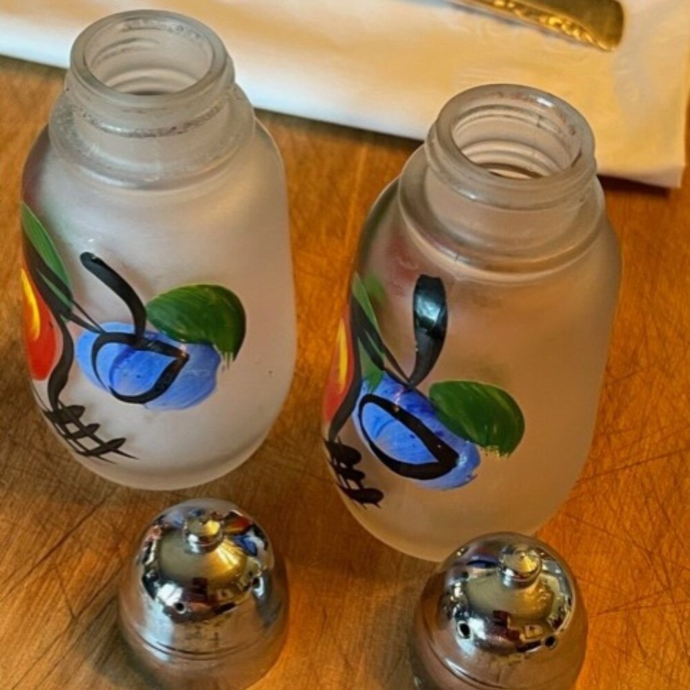 Colorful Vintage Frosted Glass Salt and Pepper Shakers with Fruit - Picture 6 of 10